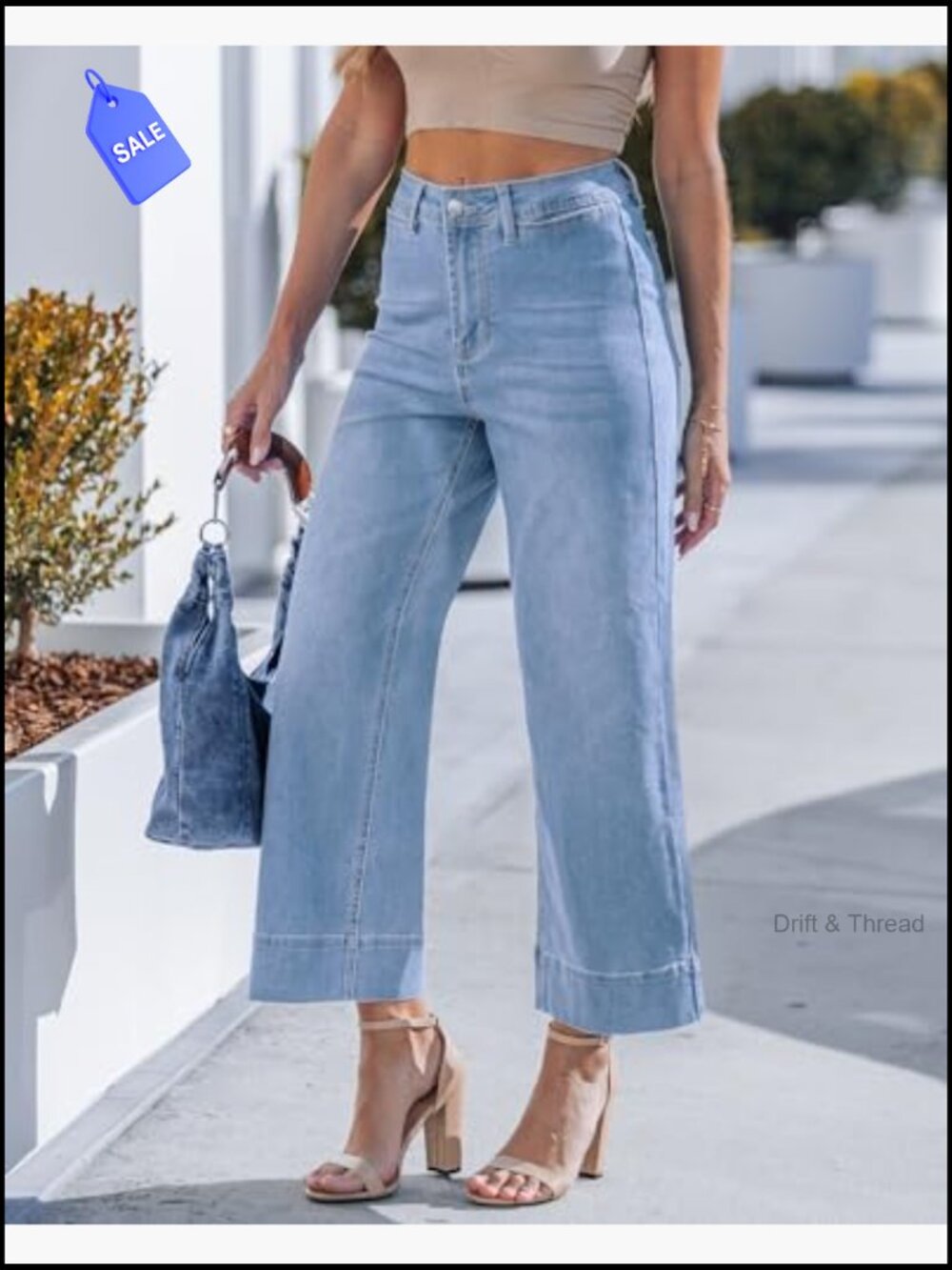 Wide Leg Cropped High Waist Distressed Stretch Denim Jeans Women Trendy - Picture 2 of 7